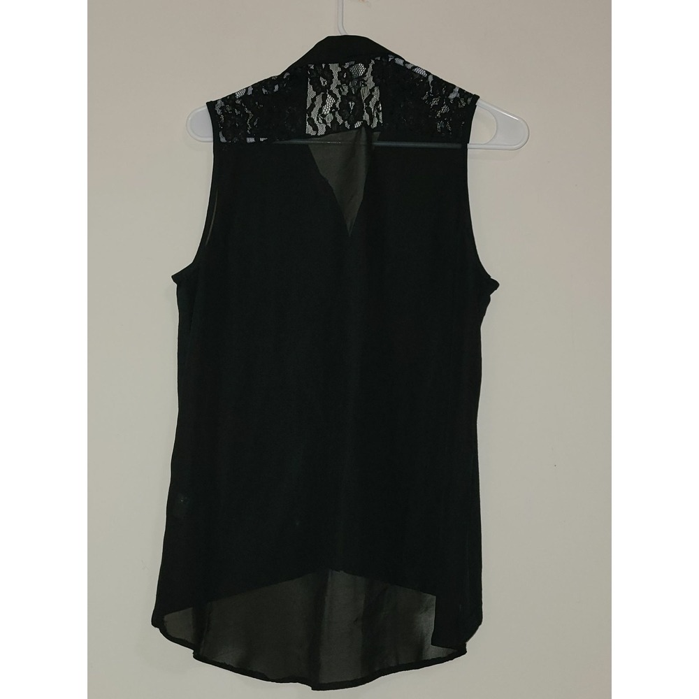 Paper Crane Black Sleeveless Lace Shoulder Collared Shirt Women M - Picture 2 of 6